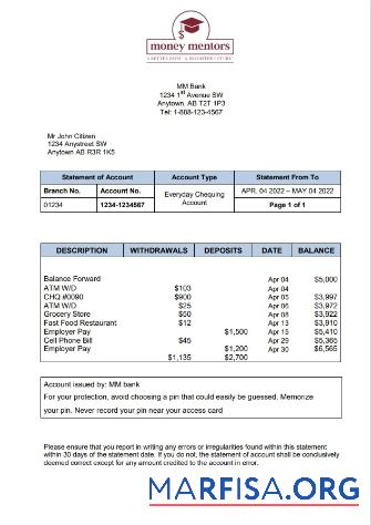 Printable Canada MM bank statement word download for verification